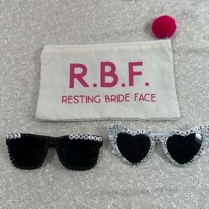 JUST MARRIED Rhinestone Sunglasses & RBF Makeup Bag NEW Bridal Bride Lot